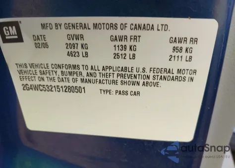 2005 Buick Lacrosse Cx z USA, uszkodzony, nr VIN 2G4WC532151280501